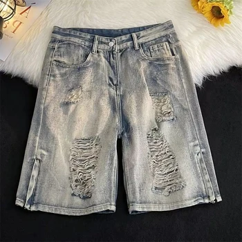 남성용 데님 스플릿 반바지, 주머니가 있는 하라주쿠 남성용 짧은 청바지 바지, 파란색 이모 컷, 빈티지 트렌드, 2024 Xxxl, 신상 