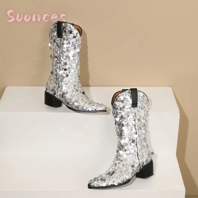 Botas vaqueras Glam Snip Point de media pantorrilla con lentejuelas redondas multidimensionales y cremallera vertical trasera con tirador, botas largas sin cordones.
