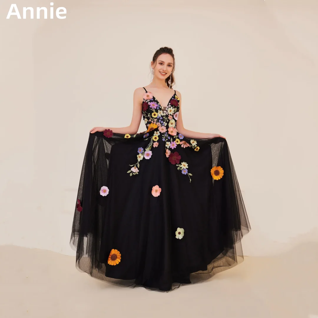 

Annie Black Floral Prom Dresses Tulle Sweet Graduation Evening Dresses Formal Occasions Party Dresses Robes De Soirée2024