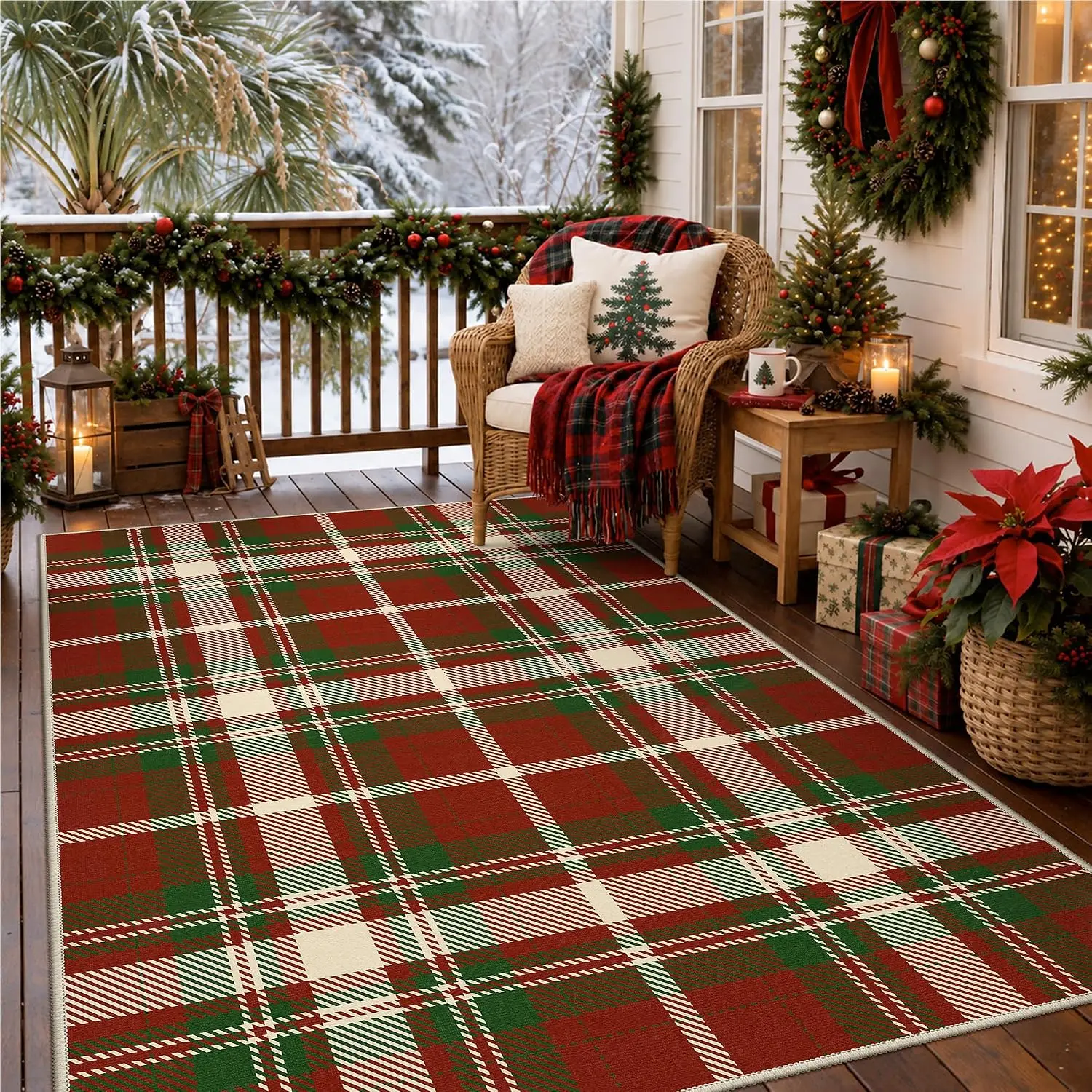 Large 10x12 Christmas Area Rug Red Tartan Plaid Carpet Washable Fade Resistant Throw Rug for Patio Living Room Deck Home Decor