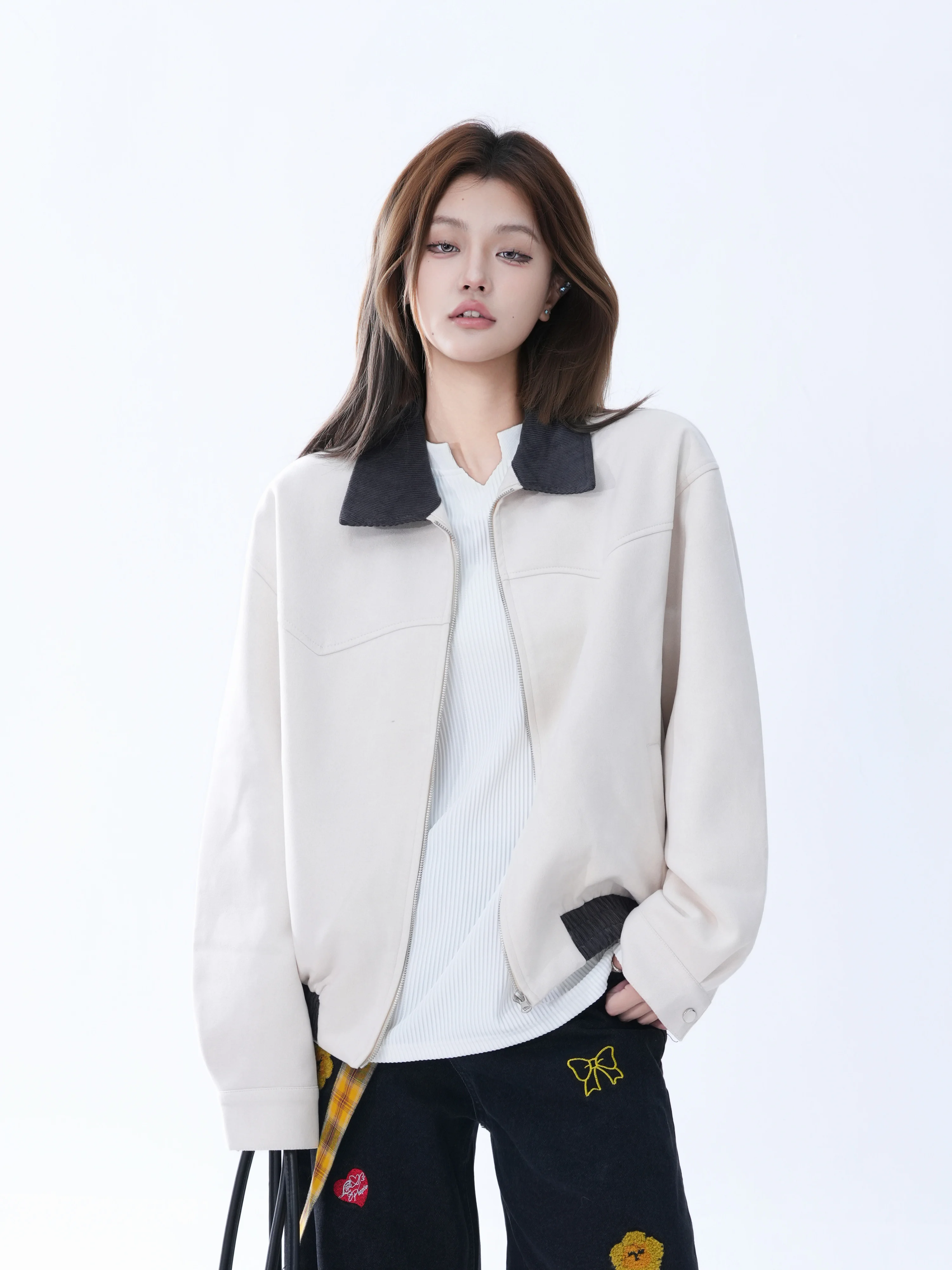 American Retro  Collar Workwear Jacket Pilot Color Block Casual Loose Women's Outerwear Comfortable Warm Long Sleeve Zipper