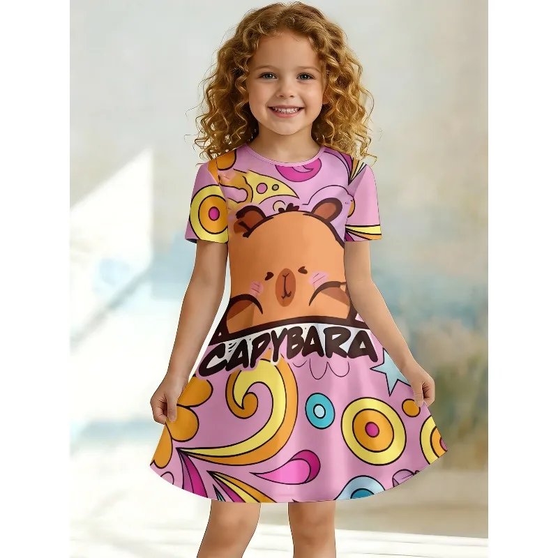 Girl's Dolphin Printed T-shirt Dress, Cute Pink Whirlpool Casual Dress, Suitable for Animal Enthusiasts' Birthday Gifts