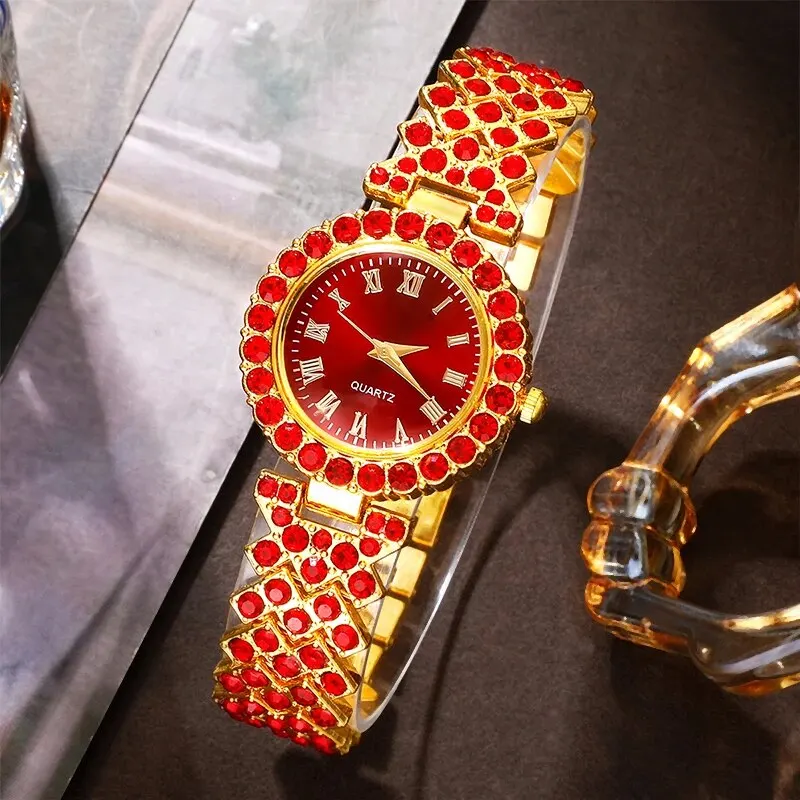 Women\'s Red Watch Ring Necklace Earrings Bracelet Set Rhinestone Fashion Wristwatch Female Casual Ladies Quartz Watches