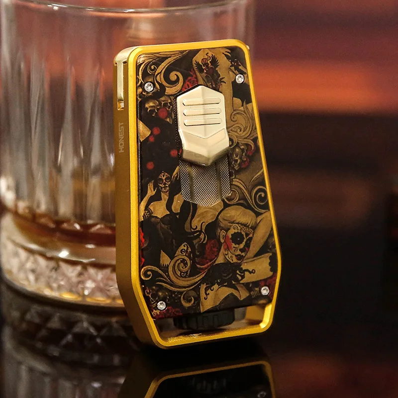 HONEST New Style Windproof Straight-through Windproof Inflatable Lighter Metal Double Torch High Power Cigar Lighter Men's Gift