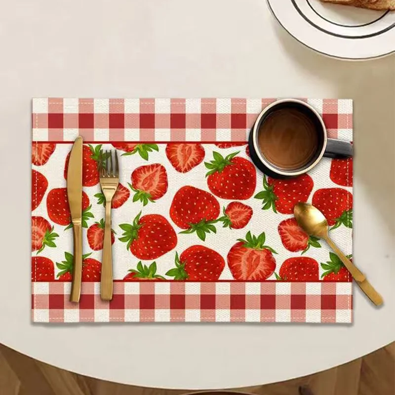 4Pcs, Plaid Strawberry Placemats, Washable, Suitable for Holiday Parties, Home Decor, Kitchen Tables, Rectangular Dining Rooms