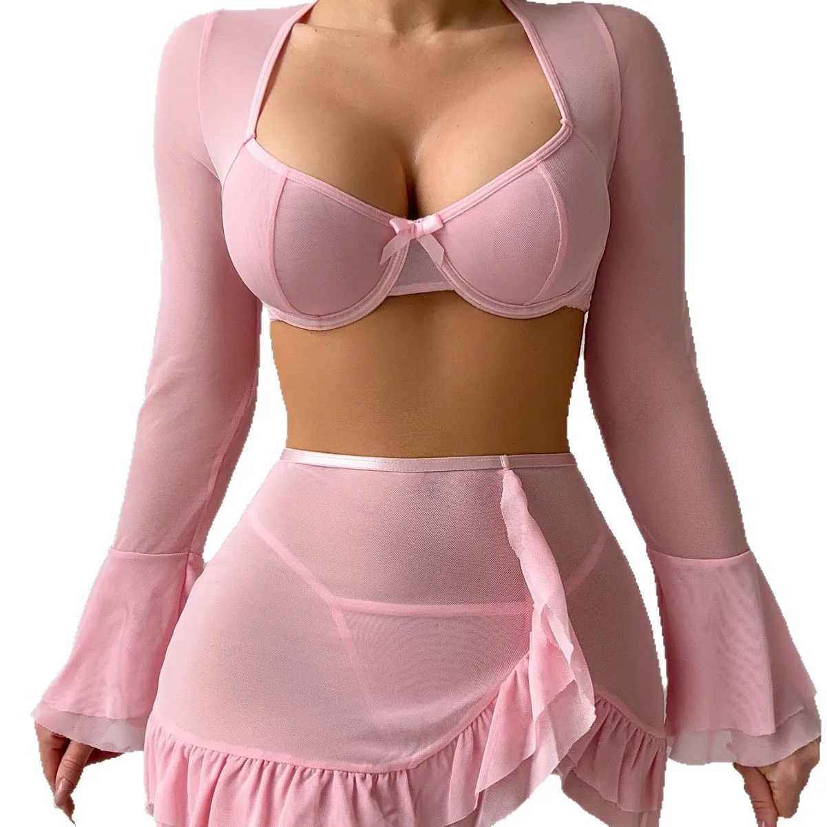 

Новое женское сетчатое нижнее белье, однотонные укороченные топы с длинными рукавами, мини-облегающая юбка и стринги, одежда для сна