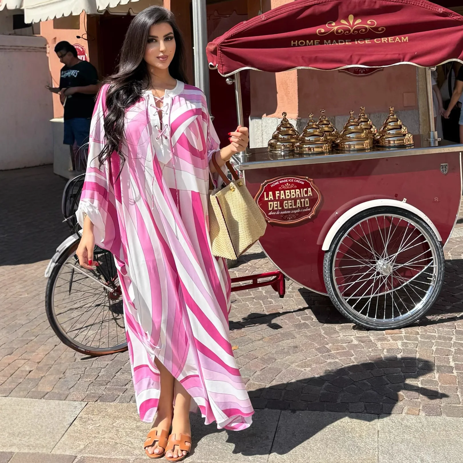 

Women Dresses Print Dress Oversize Round Neck Batwing Sleeves Ankle Length Straight Loose Casual Elegant Streetwear 2025 Summer