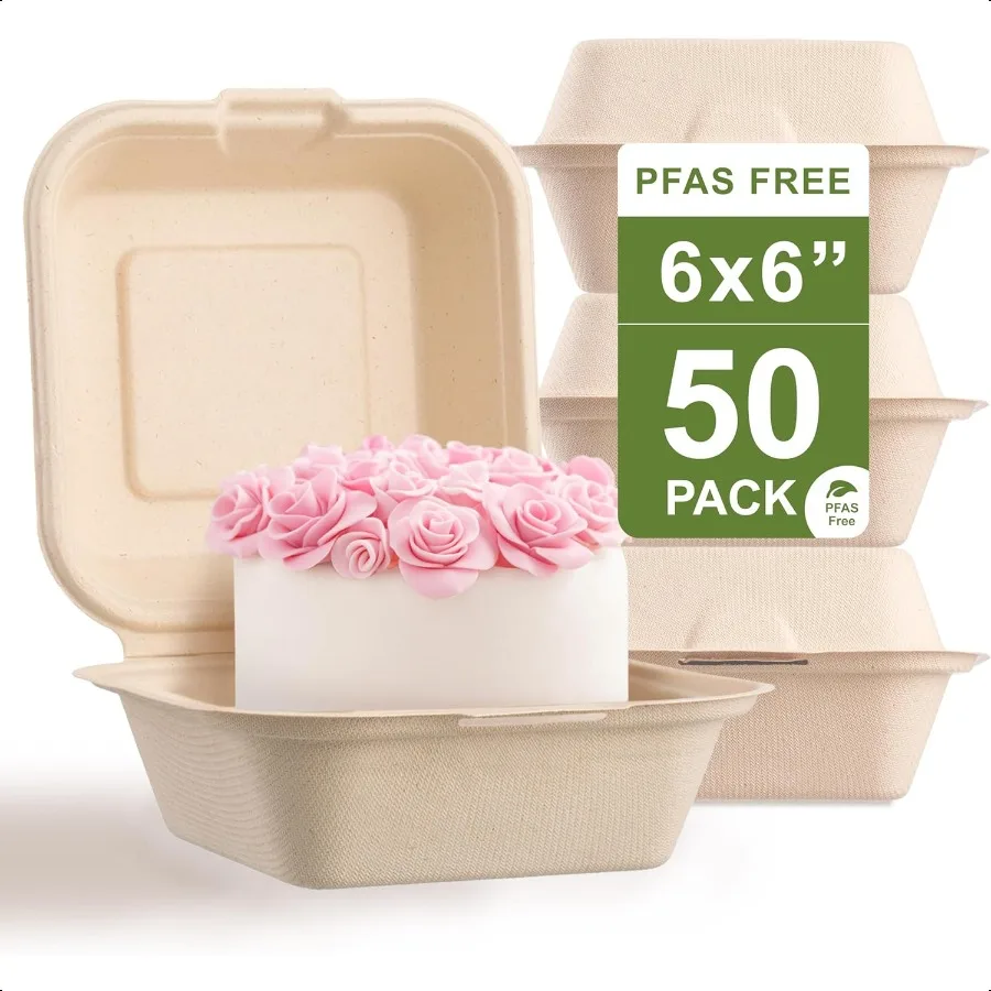 

[50 СЧЕТ] Пакет для урожая PFAS FREE 6X6 Компостируемые квадратные шарнирные контейнеры для еды на вынос с одним отделением для тяжелых условий эксплуатации