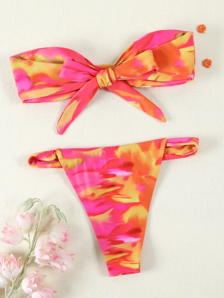 Rinabe Bandeau Bikini High Cut Bikinis Gradient Swimwear Strapless Swimsuit Tie Dye Swimsuit Two-Piece Bathing Suit