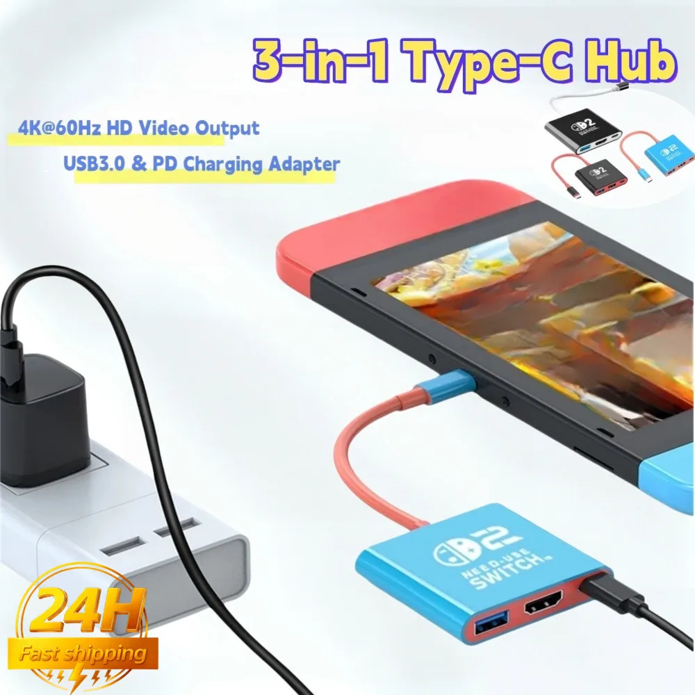 3 In 1 USB C HUB Type C to HDMI-compatible PD100W Charge Docking Station 4K 60Hz USB-C 3.0 for Switch 2/Switch/OLED MacBook