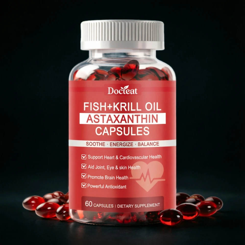

Капсулы Docteat Fish Oil + Krill Oil с астаксантином - антиоксидантная поддержка для здоровья сердца, мозга и суставов, 60 штук.