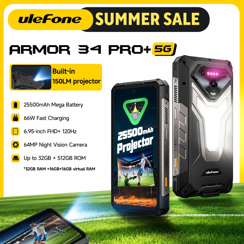 Ulefone Armor 34 Pro+ 5G 頑丈スマートフォン IP69K 16GB+512GB 25500mAh プロジェクター 64MP ナイトビジョン 6.95インチ FHD+ 120Hz NFC Android 15