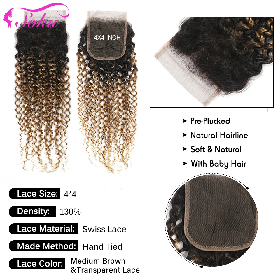 Brazilian Kinky Curly Remy Human Hair 4x4 Lace Closure Colored 27 30 33 99J Free And Middle Part Lace Closure Swiss Lace SOKU