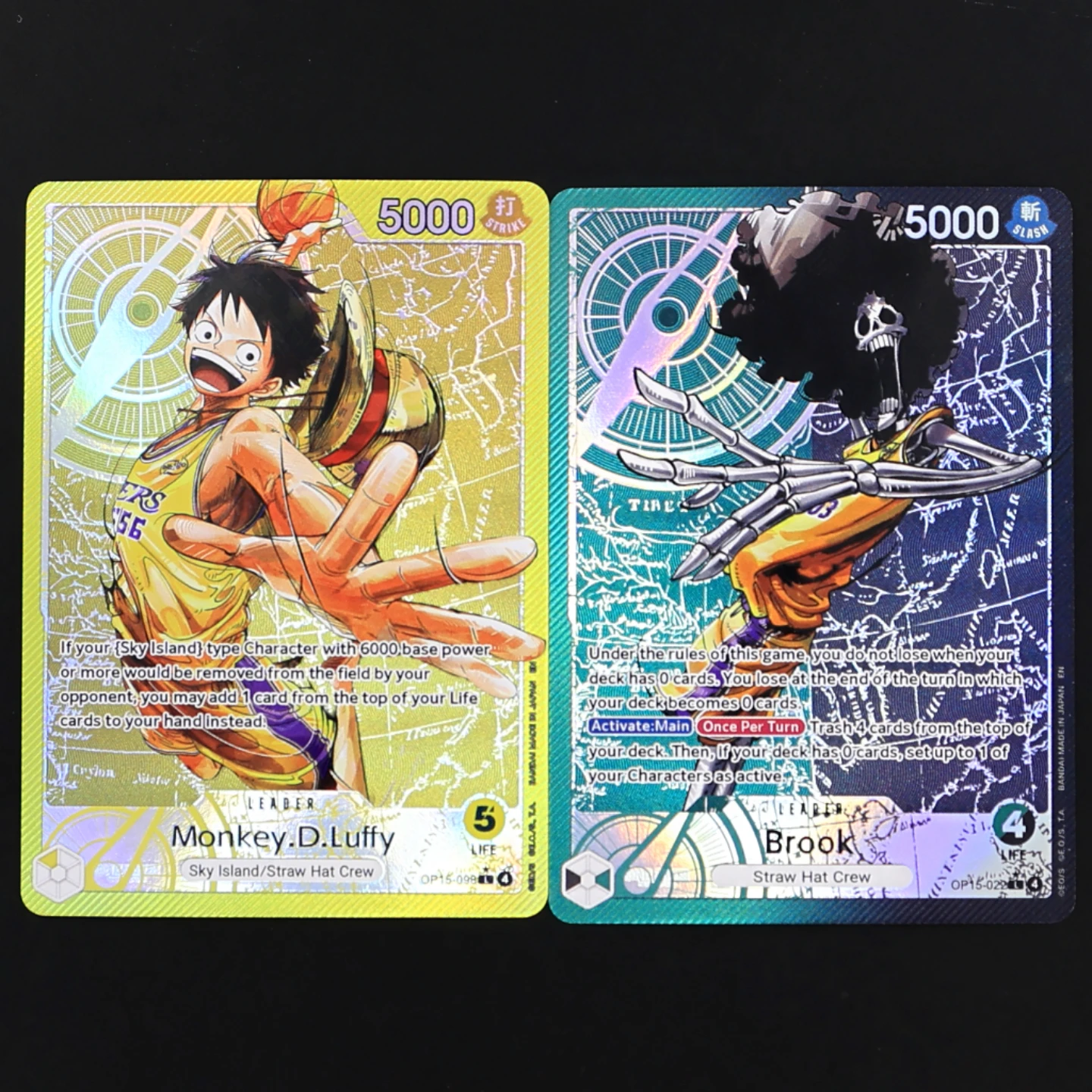 Tarjeta de Líder en Inglés de One Piece TCG OPCG, Tarjeta de Líder OP15, Luffy Brook OP15-098 OP15-022, Tarjeta con Textura Metálica de la Isla de KAMI