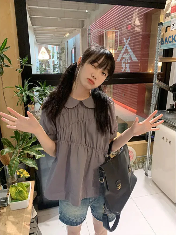 

Женская рубашка, милый воротник Питера Пэна, асимметричный дизайн со складками, укороченный топ, японская милая универсальная блузка с пышными рукавами, летняя