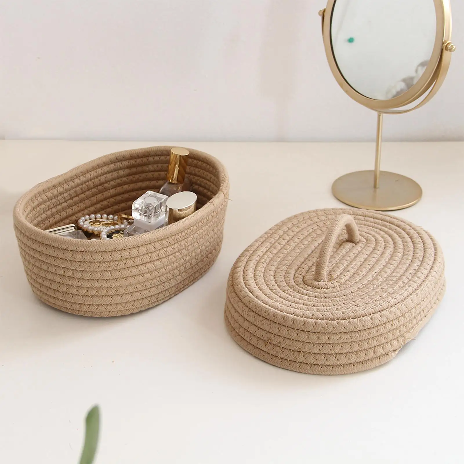 Woven Rope Basket with Lid Nursery Basket for Sundries Makeup Cosmetics