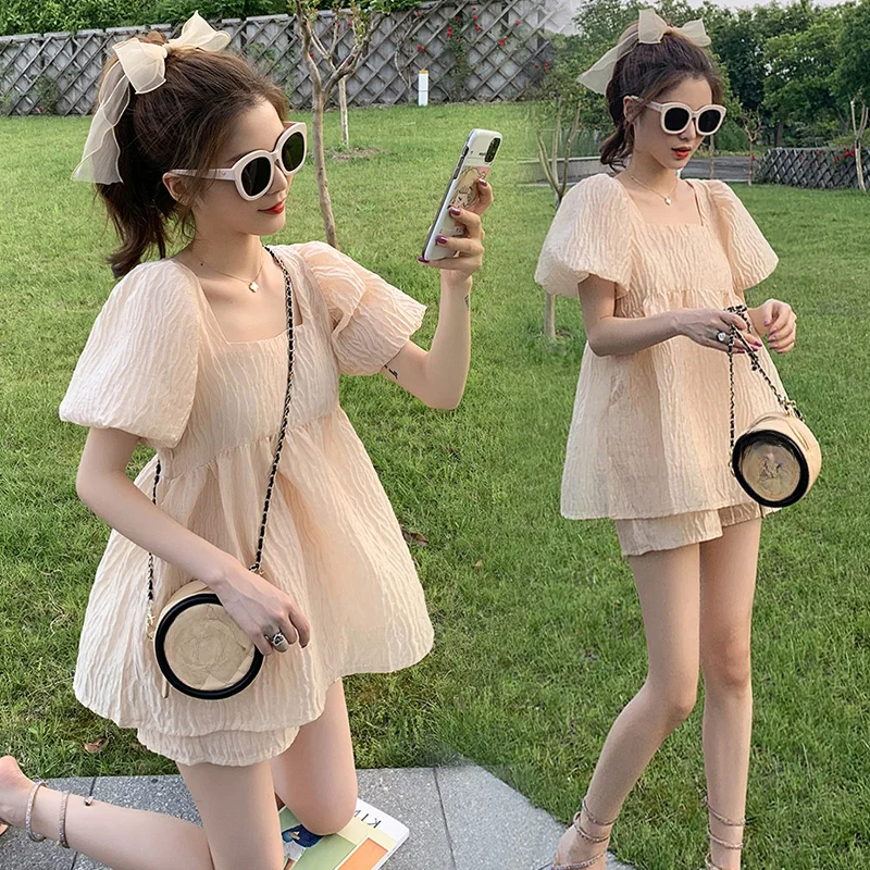 Summer Maternity Clothes Set Sweet Puff Sleeve Square Collar Ball Gown Shirts+belly Shorts Twinset Pregnant Woman Short Sets