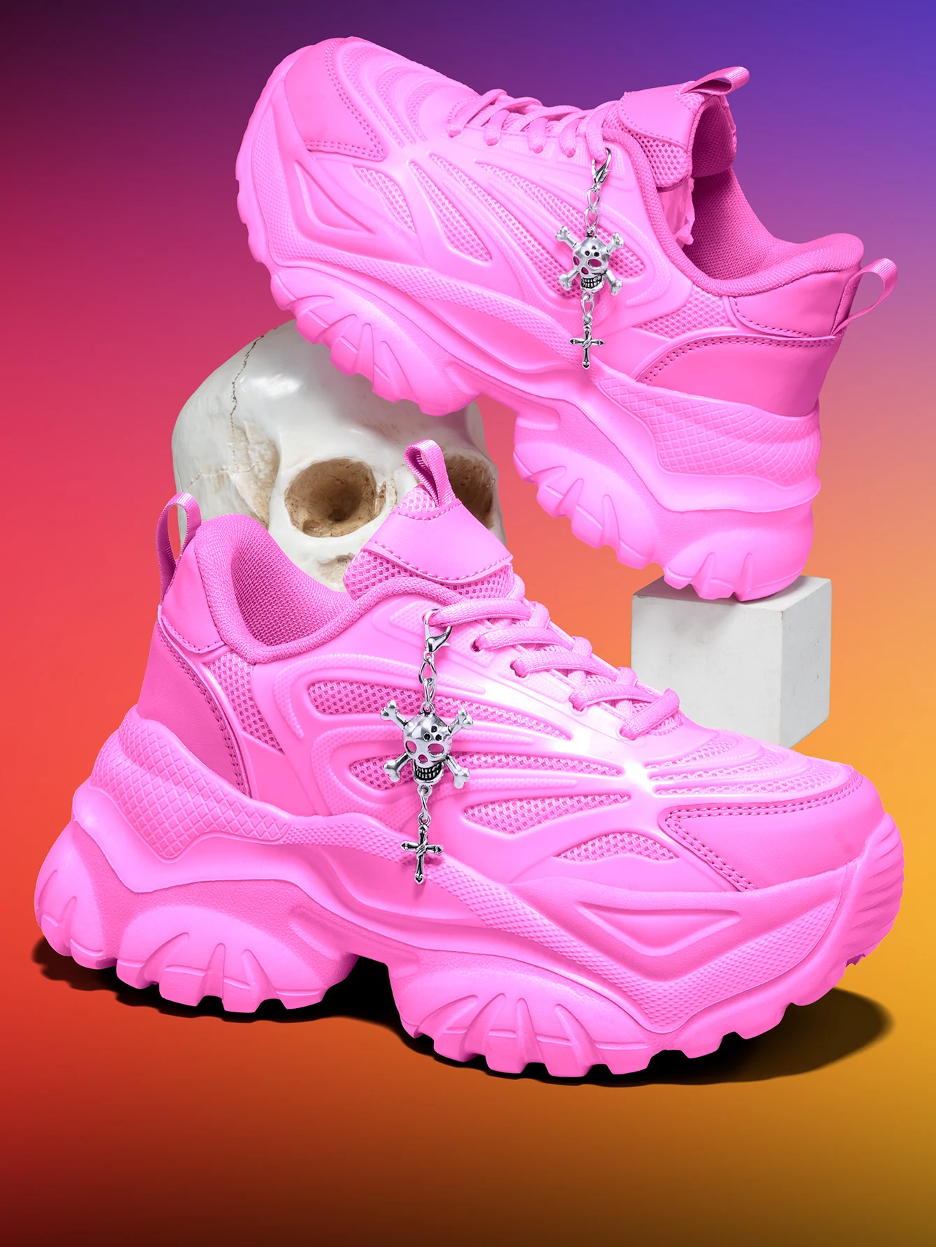Damen-Outdoor-Allwetter-Modische Dad-Schuhe, Eva-Leichtgewicht-Sneaker mit dicker Sohle und 7 cm Absatzhöhe, orangefarbene Sportschuhe mit abnehmbarem silbernen Kreuz- und Totenkopf-Anhänger im Halloween-Punk-Stil, vielseitig einsetzbar für den täglichen Arbeitsweg und Fitness – Detail 27