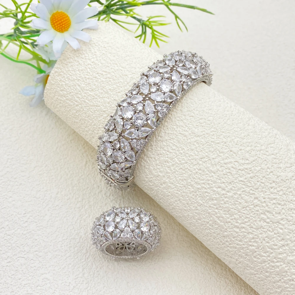 JRH Women's Gold-Plated Copper Zirconia Bracelet Ring Set Elegant Luxury Party Evening Dinner Jewelry