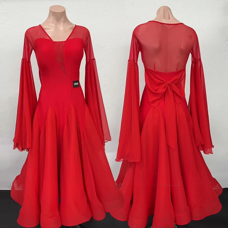 Robe de danse de salon rouge pour femmes, robe de spectacle de danse moderne Standard, robes de valse élégantes, vêtements de danse d'entraînement en salle de bal 2941