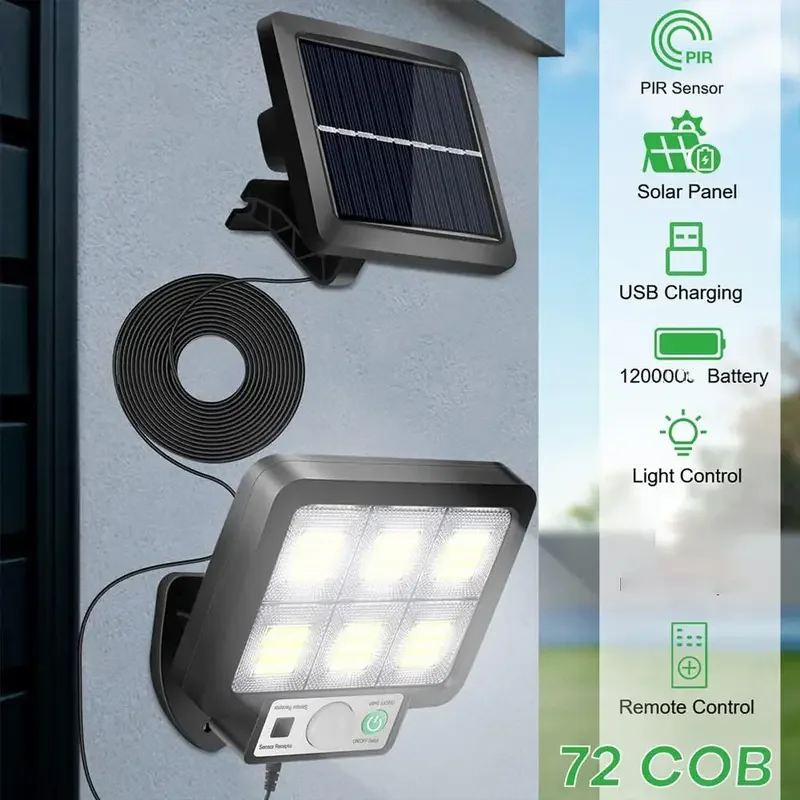Split-Type Solar Light Motion Sensor 72 COB Wall Lamps Separate Indoor/Outdoor Garden Lighting Lamps with Remote Control