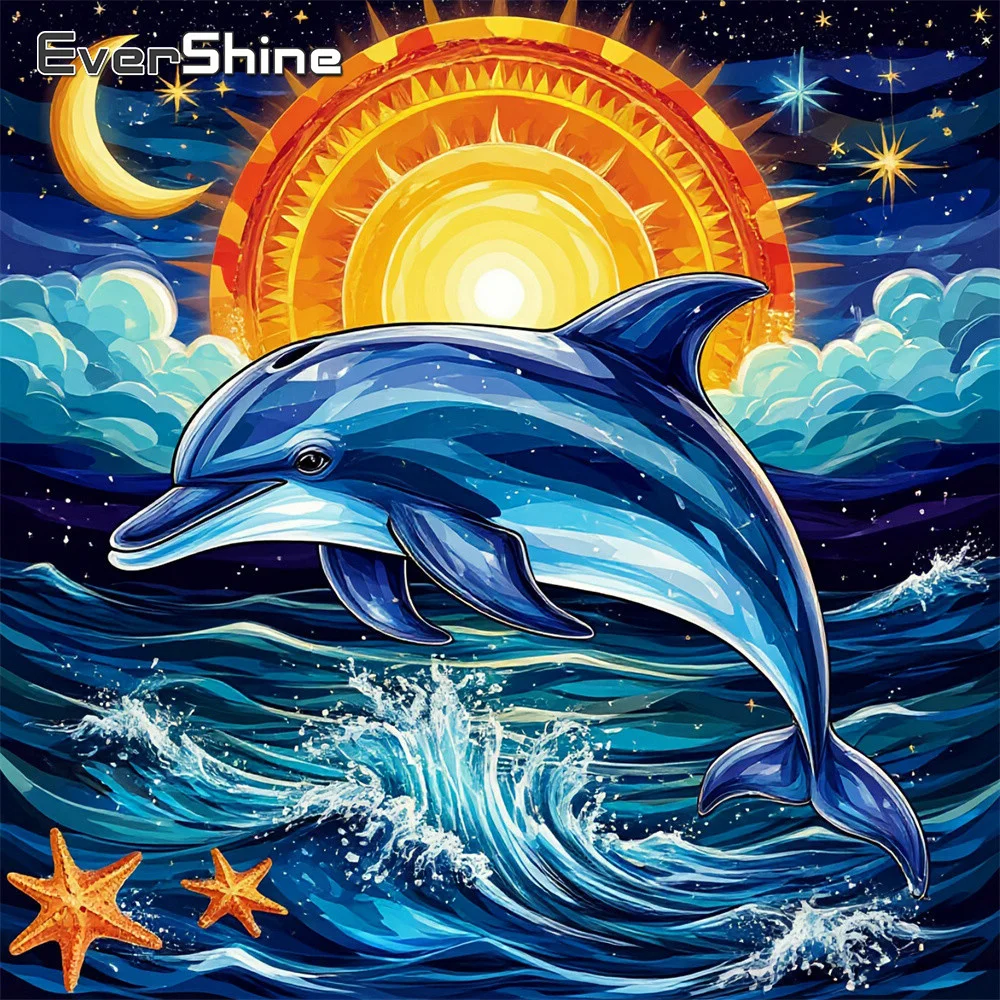 EverShine Diamant-Mosaik, Tier-Delfin, vollflächiges Diamant-Gemälde, Mondbild aus Strass, Diamant-Stickerei, Sterne, Wandkunst