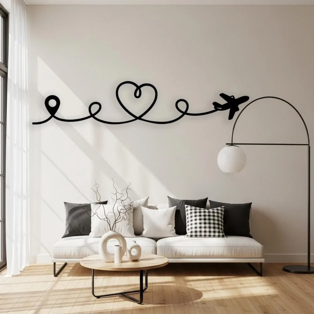Flat Travel Metal Wall Art, Laser‑Cut Iron Silhouette, Powder‑Coated Rust‑Resistant Airplane Heart Wall Decor