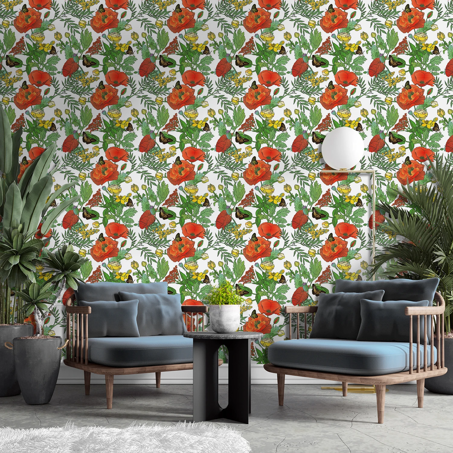 

Red flower and butterfly self-adhesive wall stickers roll seamlessly peel and paste wallpaper for home living room decoration