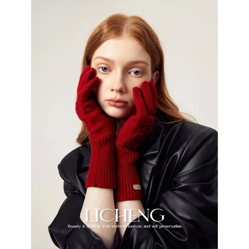 High version 100% Australian wool gloves Winter women Christmas red warm cycling wool Fried Dough Twists gloves gift