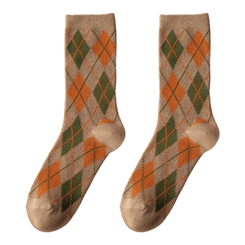 Women Autumn Ethnic Argyle Diamond Plaid Print Crew Socks Vintage College Preppy Style Student Cotton Mid-Calf Tube Hosiery image 4