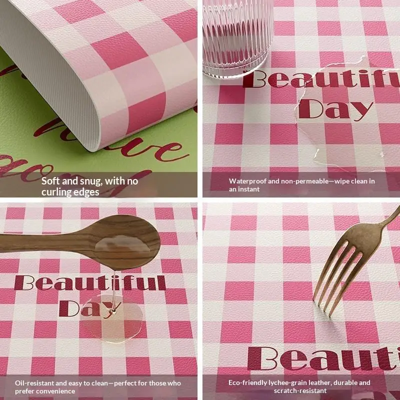 Cute Pink Green Plaid Large Desk Mat Waterproof Non Slip PU Mouse Pad Protector for Home Office Work Study and Gaming Set