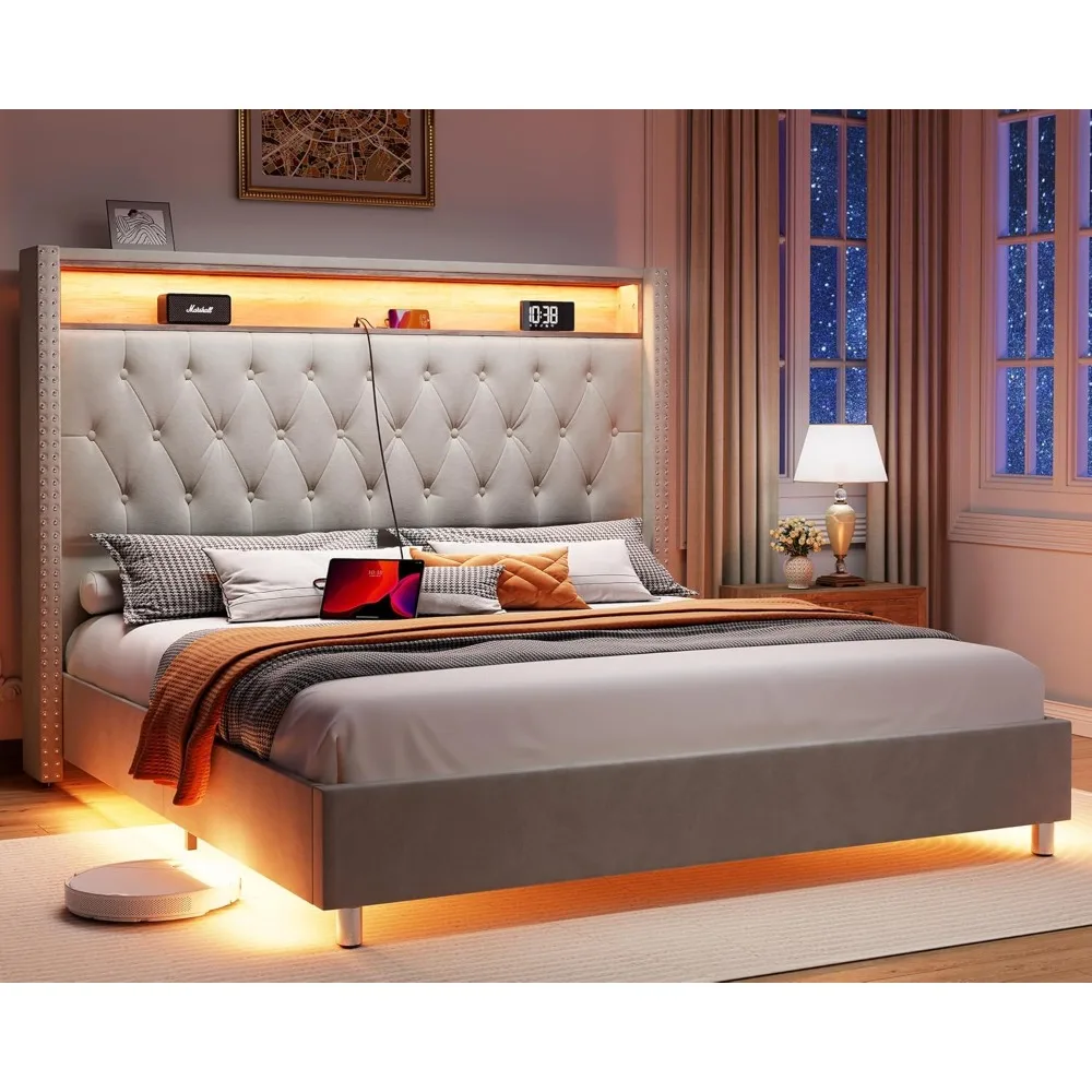 Bed Frame, LED Lights Charging Station, Velvet Tall Upholstered Platform Bed Frame , Wingback Headboard  ,Bed Frame.