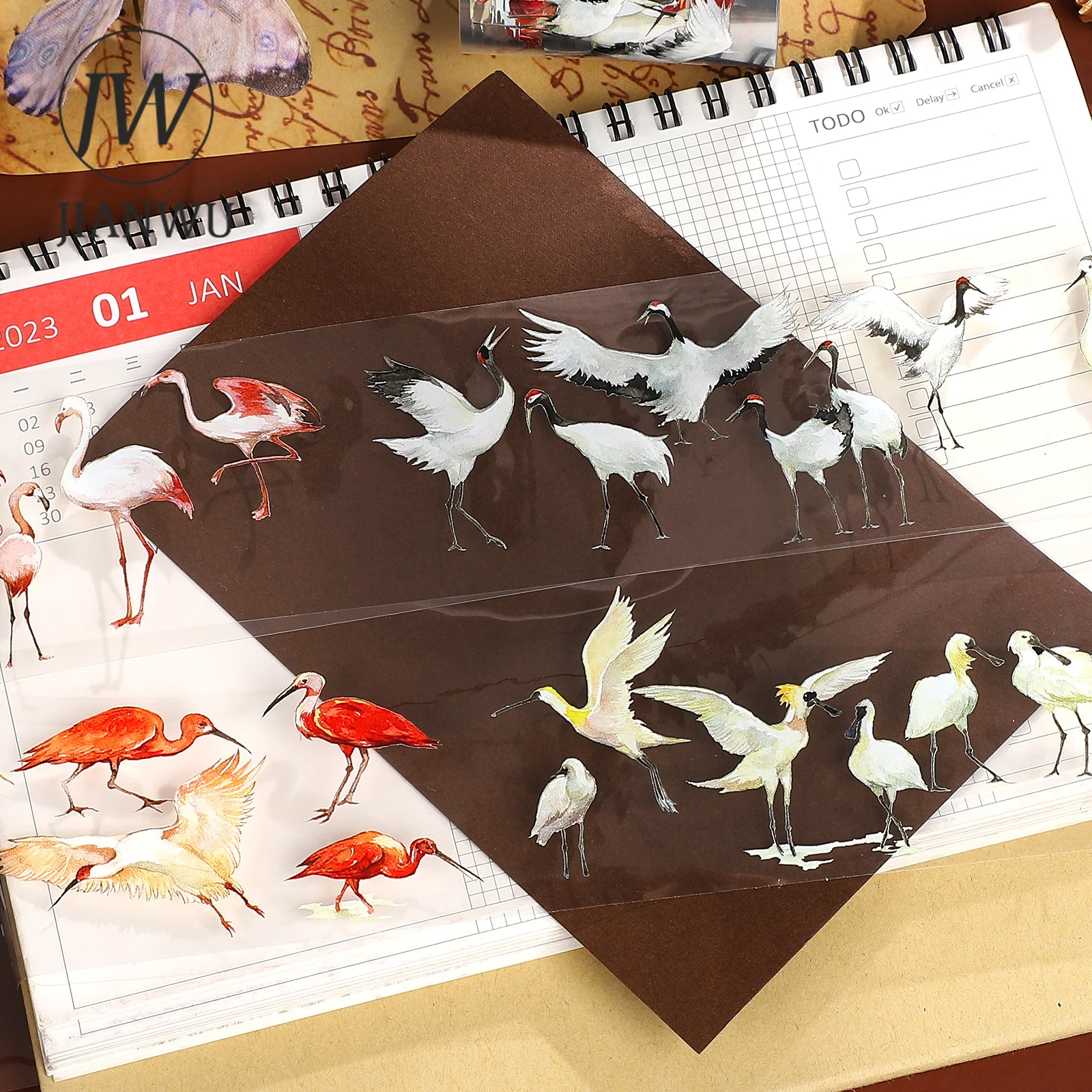 

JIANWU 55mm*5m Vintage Waterfowl Crane Landscape Material Collage Scrapbook PET Tape Creative DIY Journal Stationery