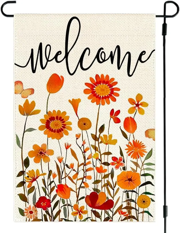 Fall Floral Garden Flag 12x18 Inch Double Sided for Outside, Welcome Rustic Autumn Floral Outdoor Decorative Yard Flag Farmhouse