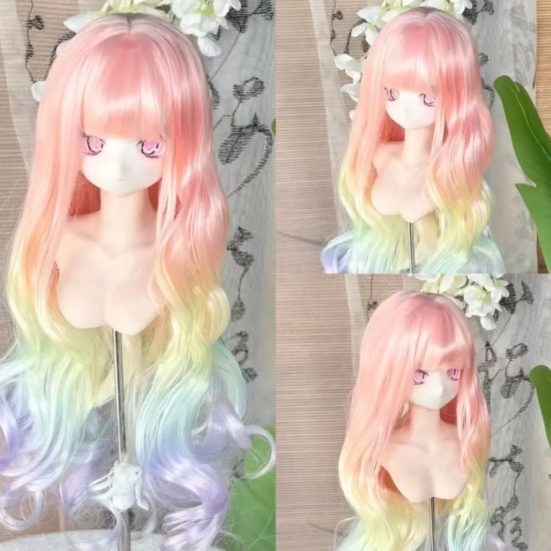 High Temperature Silk 1/3 1/4 1/6 Bjd Wig Fashion Rainbow Gradient Long Curled Hair Dress Up Bjd Doll Wig Accessories No Doll