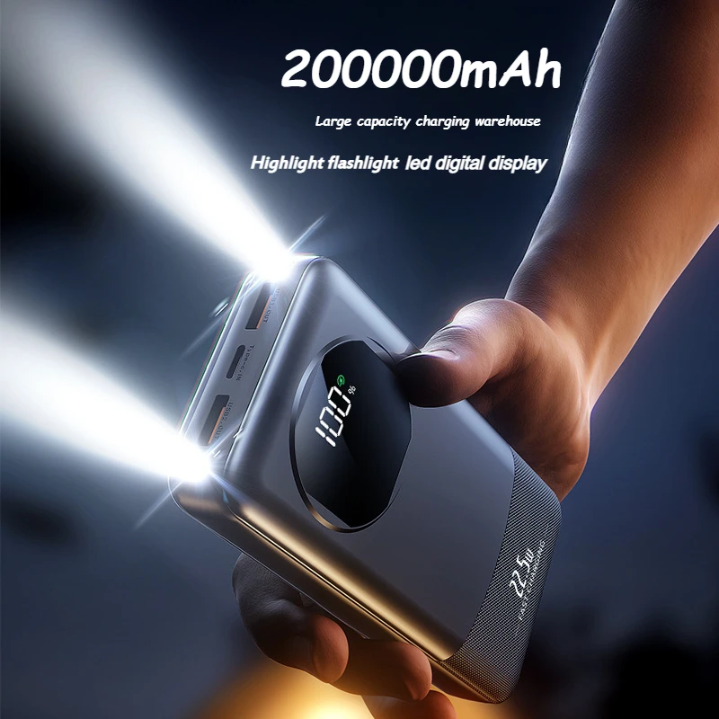 

200000mAh Outdoor Strong Light Emergency Power Bank LED Digital Display Fast Charging Built in 4Cables Mobile Power Supply