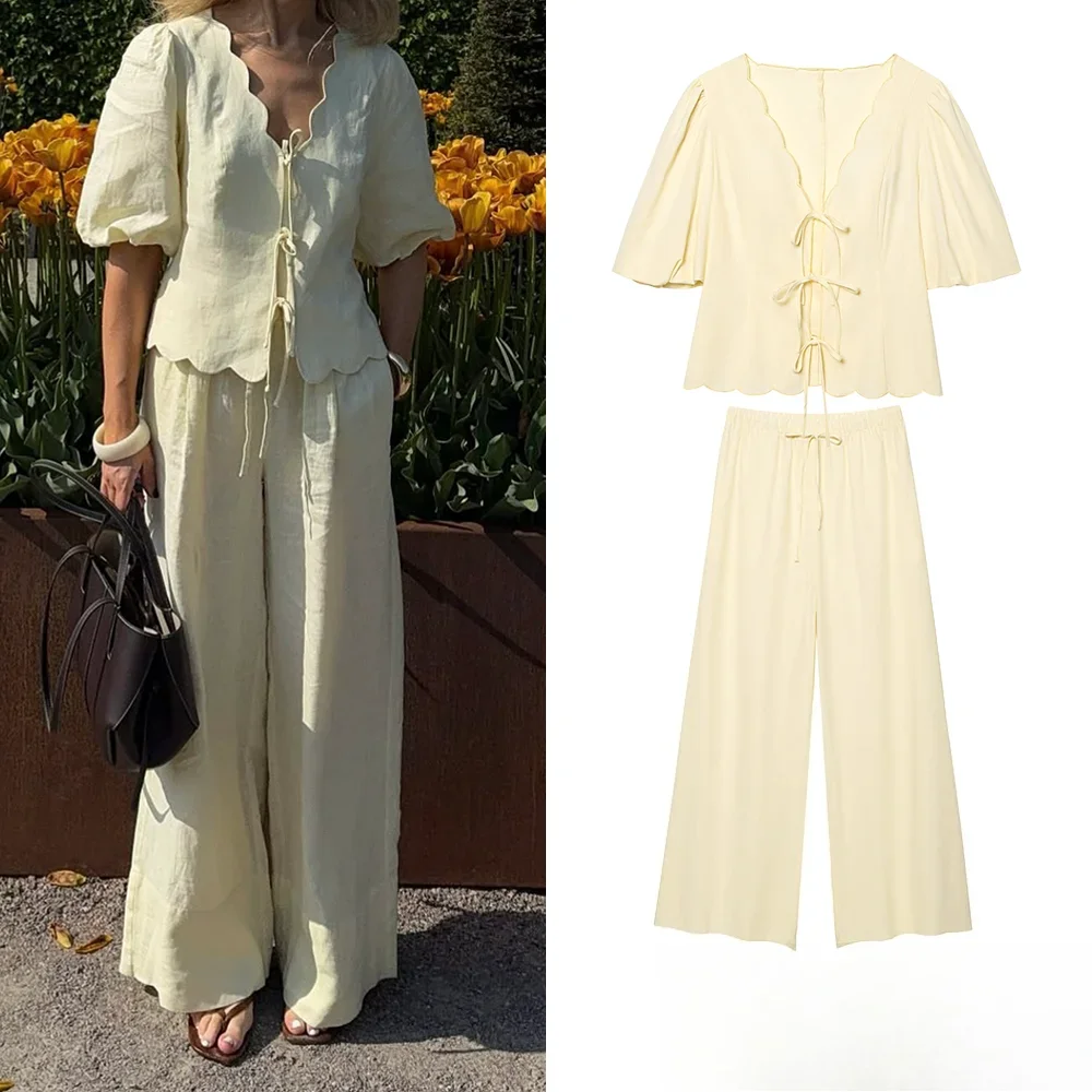 

KONDALA Elegant Chic Butter Yellow Pants Set Women's Puff Sleeve Blouse Wide Leg Pants New 2025 Fashion Spring Fall Mujer Set