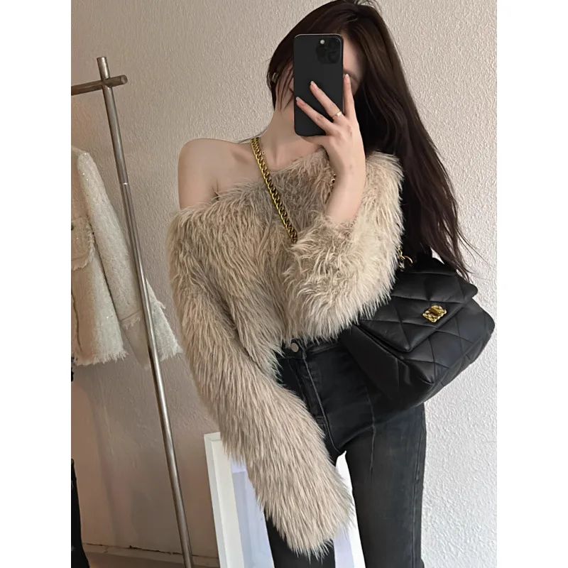 2026 New Women Slim Fit High Waist Short Knit Sweater Elegant Fuzzy Long Sleeve Off Shoulder Top Versatile Style Knitted Blouse
