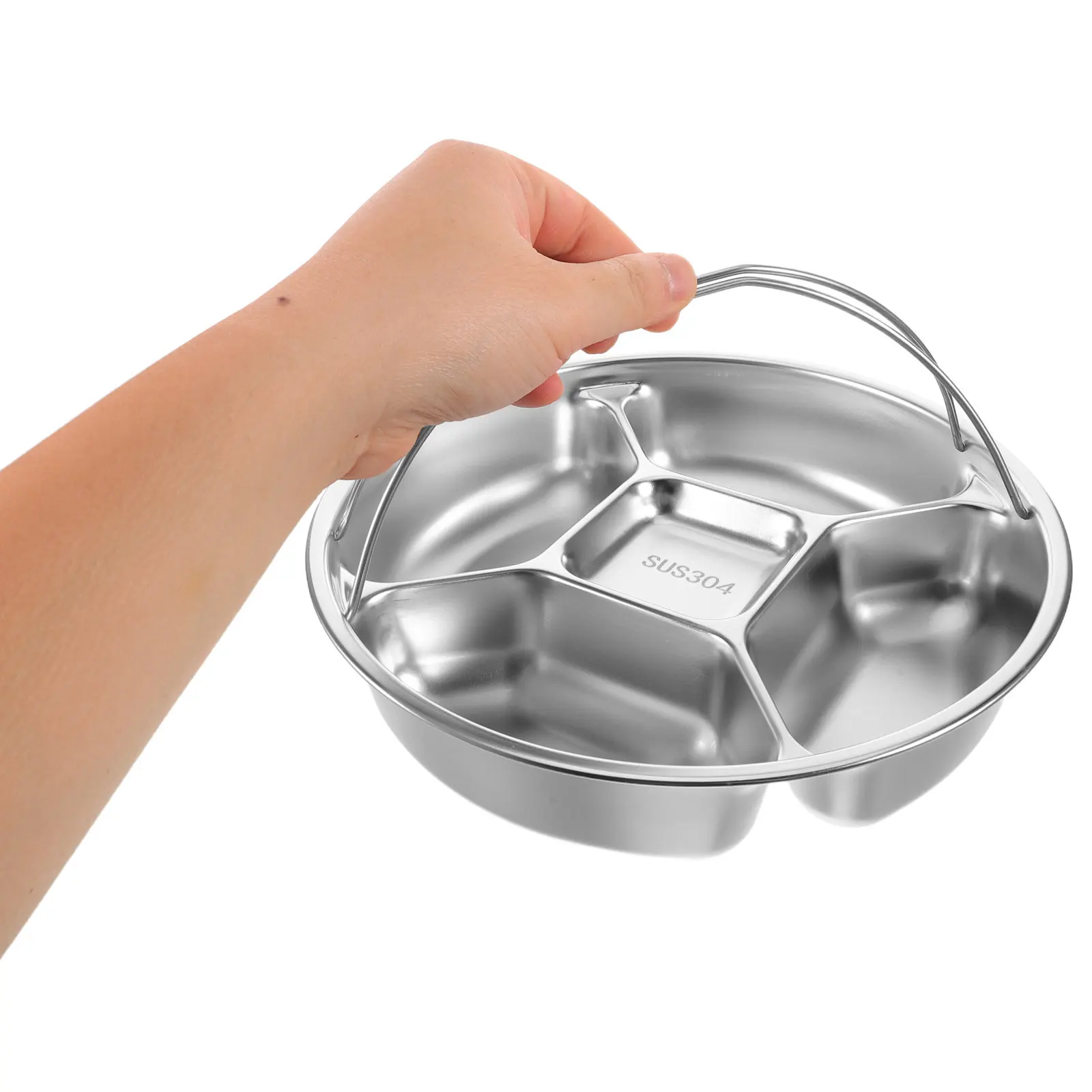 Stainless Steel Divided Serving Tray 5 Sections Portion Control Plate Handle Food Prep Picnic Snack Plate Healthy Eating