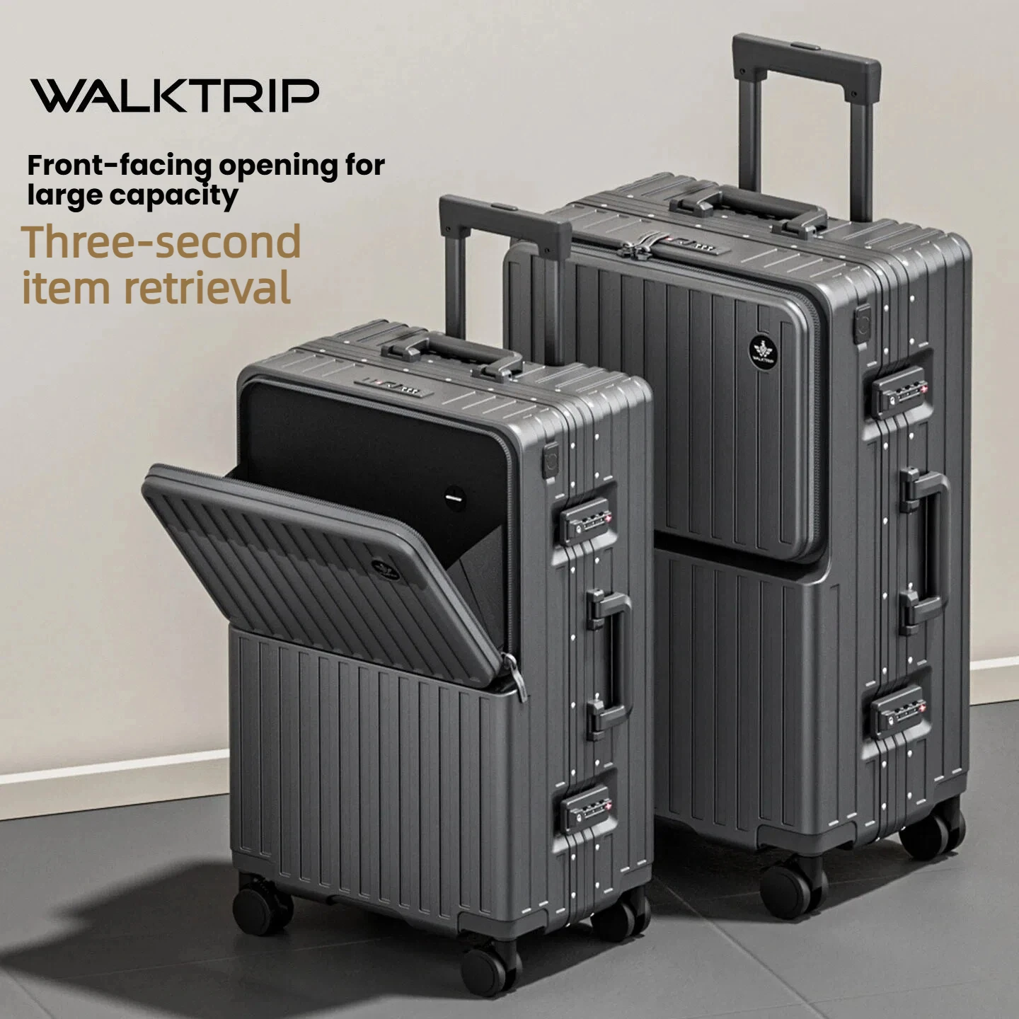 New front-opening luggage, multi-functional aluminum frame trolley case, 20/24/26 inches, spring wheel, password travel case