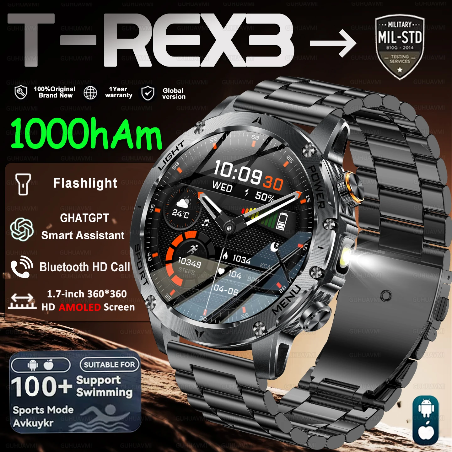 

HOT New T-Rex3 HD 1.7-inch Large Screen 1000mAh Super Capacity Battery Adult Men Smart Watch Call 10ATM Waterproof Sports watch