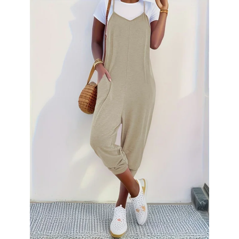 Kombinezon damski na jesień w dużych rozmiarach z AliExpress, jednolity kolor, kieszenie, długie spodnie na szelkach, luźny, casualowy kombinezon.