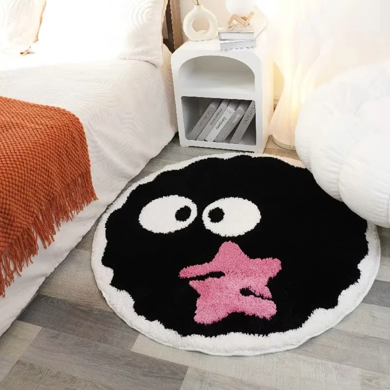 Cute Black Briquettes Carpet Soft Plush Shaggy Round Lounge Rug Anti-Slip Cartoon Style Cozy Living Room Home Decor Rugbriquette