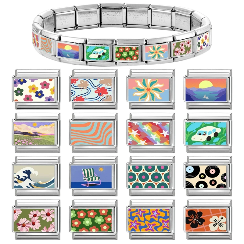 Y2K Waves Flower Star Sunset Charms Italian Links 9mm Bracelets Bangle Stainless Steel Women DIY Making Jewelry Wholesale