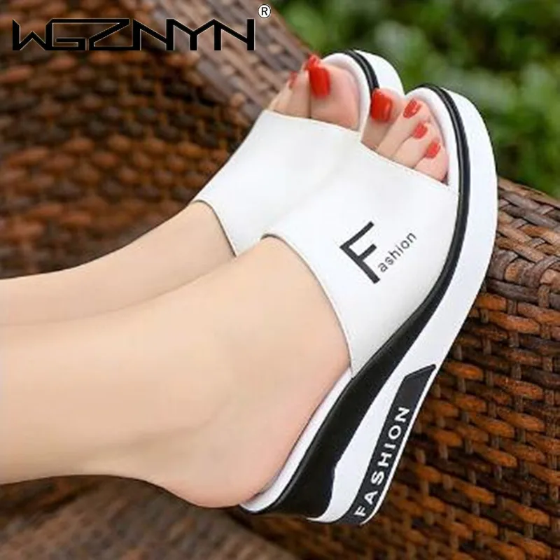 Summer Women Slipper Wedges Leather Slip on Casual Beach Slides Platform Ladies Shoes Height Increasing Chunky Zapatos De Mujer