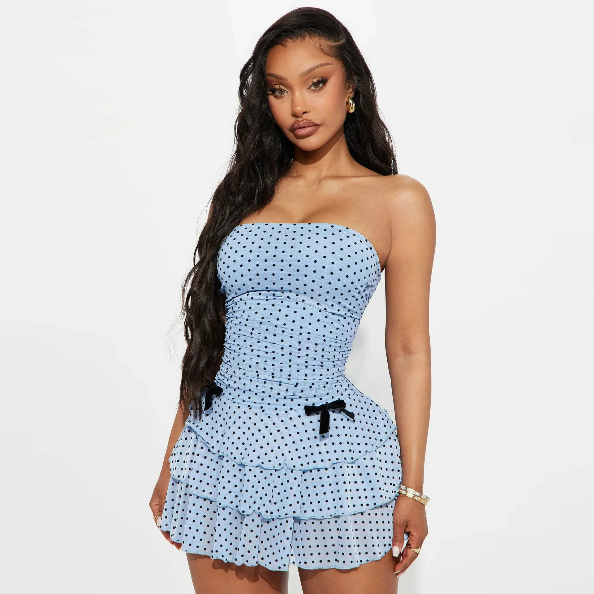 

Europe and America wind summer new women's va va voom polka-dot tube top slim ruffled hip dress women