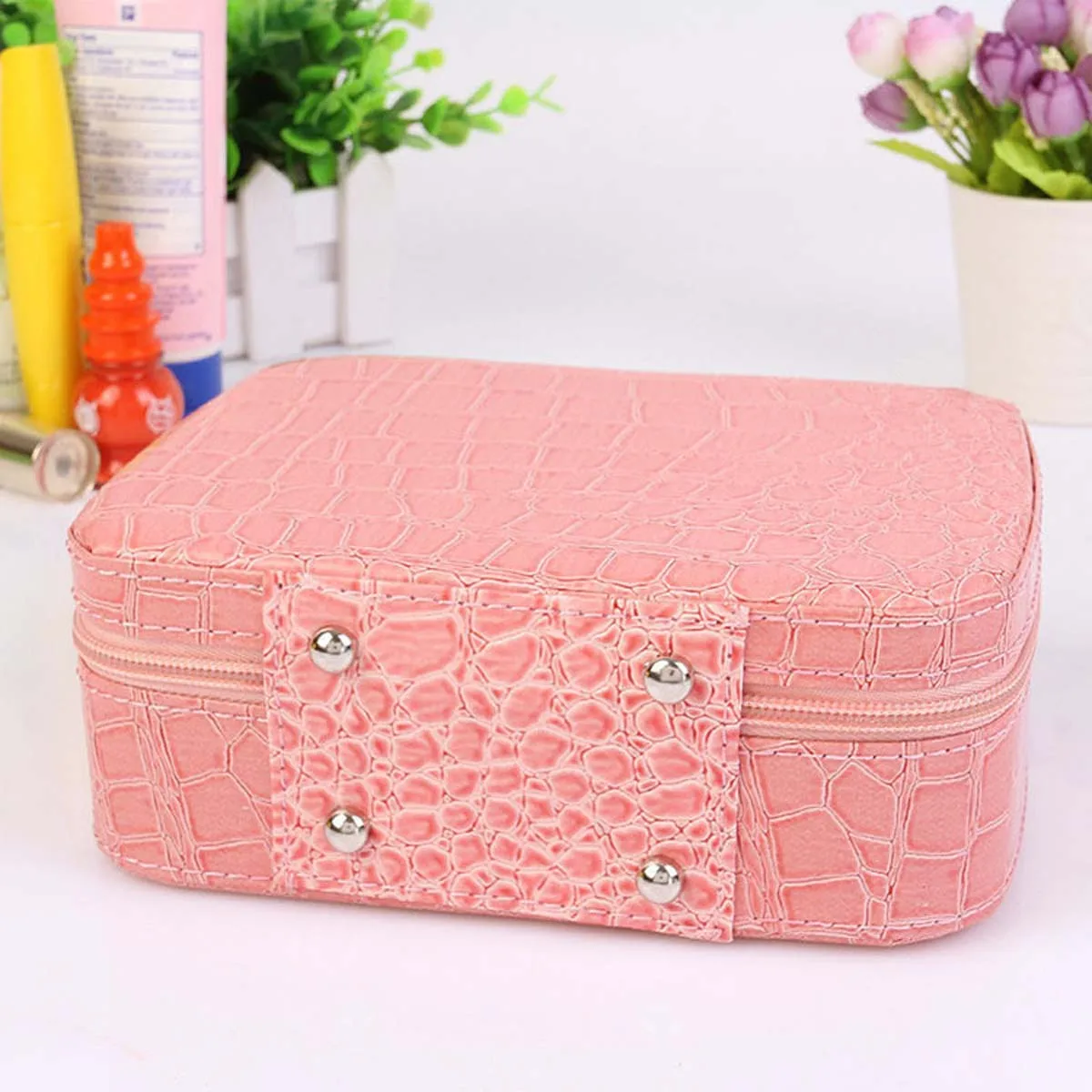 Hot stone pattern makeup box with mirror ladies hand makeup bag square zipper cosmetics storage box factory sales