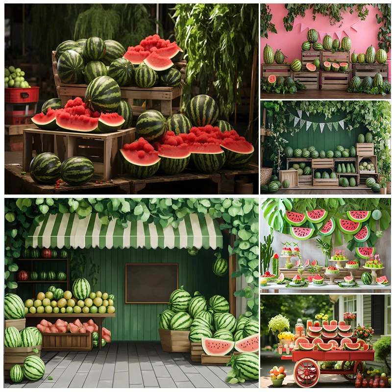 Summer Watermelon Farmer's Market Photography Background Wooden Crates Greenery Fresh Fruits Kids Birthday Decorations Backdrop