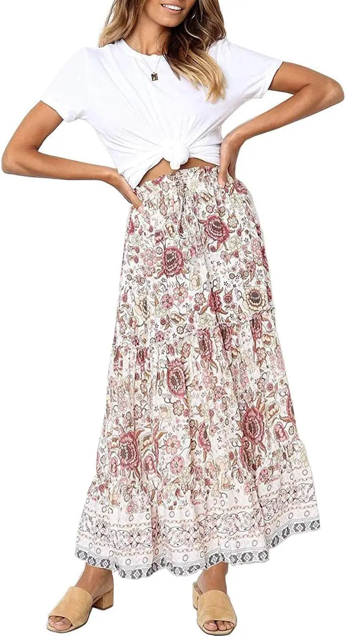 

Luxy Trio Women's Boho Floral Print Elastic High Waist Pleated A Line Maxi Skirt High Waist A-Line Flowy Skirt Dress