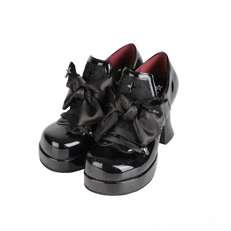 日本オリジナル ゴシック ダーク レース リボン ロリータ サブカルチャー ハイヒール レトロ ブラック ベルベット ワイン グラスとプラットフォーム レディース シューズ